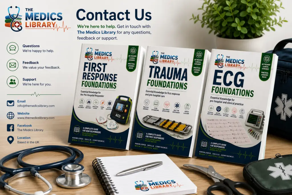 Contact The Medics Library for questions, feedback and support, featuring First Response Foundations, Trauma Foundations and ECG Foundations.